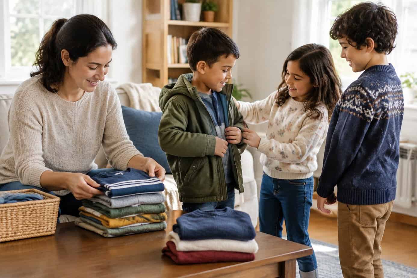 Mom sorting hand-me-down clothes with her children