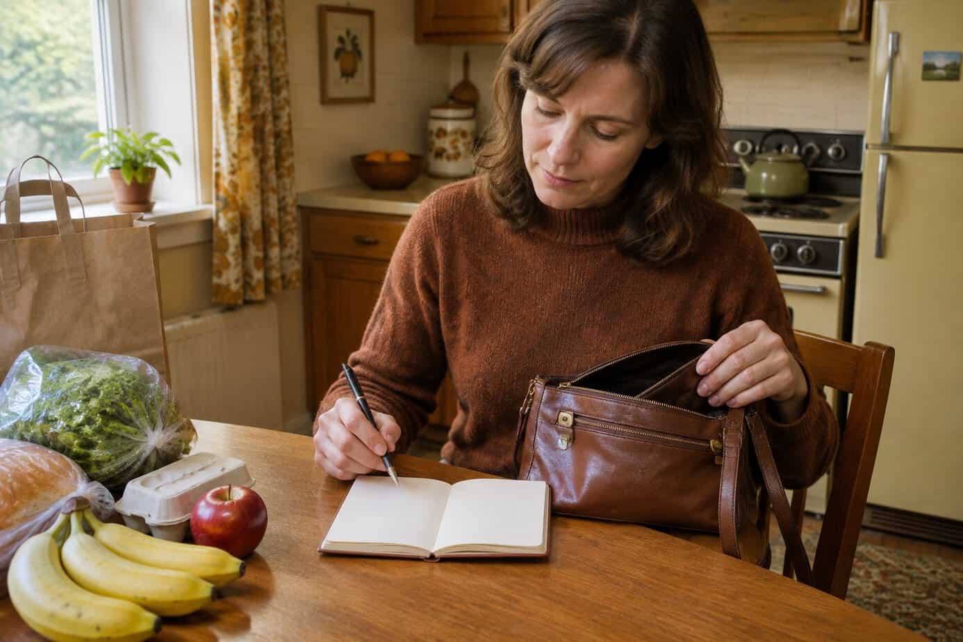 Housewife writing grocery prices in a small notebook