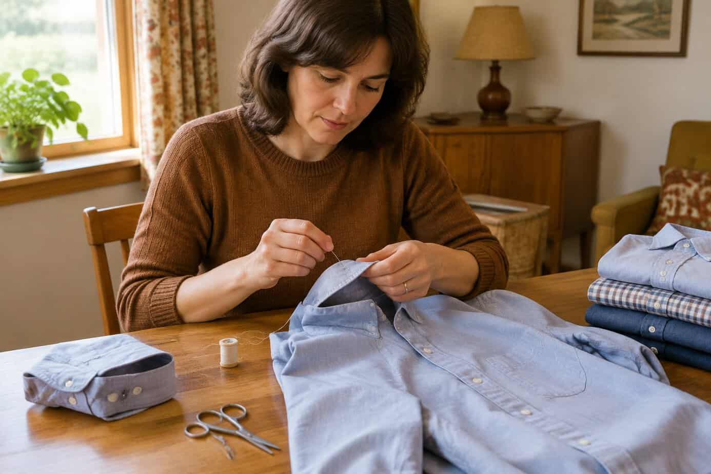 Woman turning the collar on a worn shirt