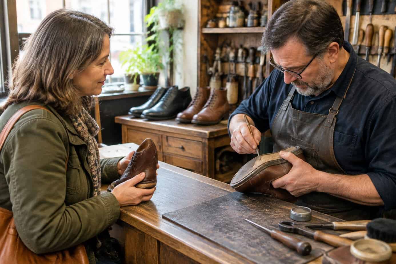 Cobbler repairing a woman's shoes in a 1970s shoe shop