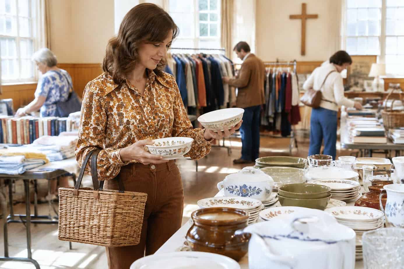 Woman browsing tables at a church rummage sale