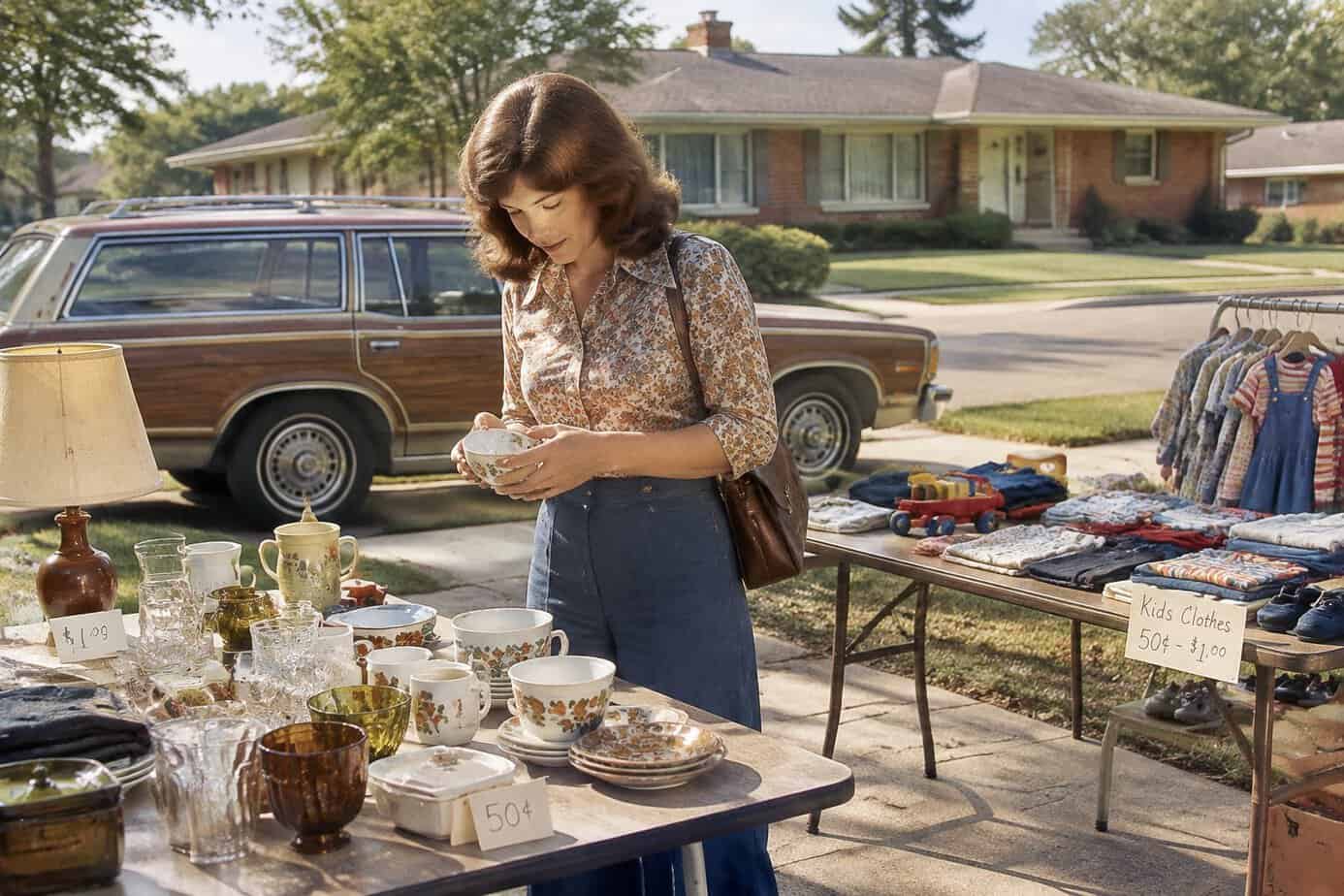 1970s housewife browsing a driveway garage sale
