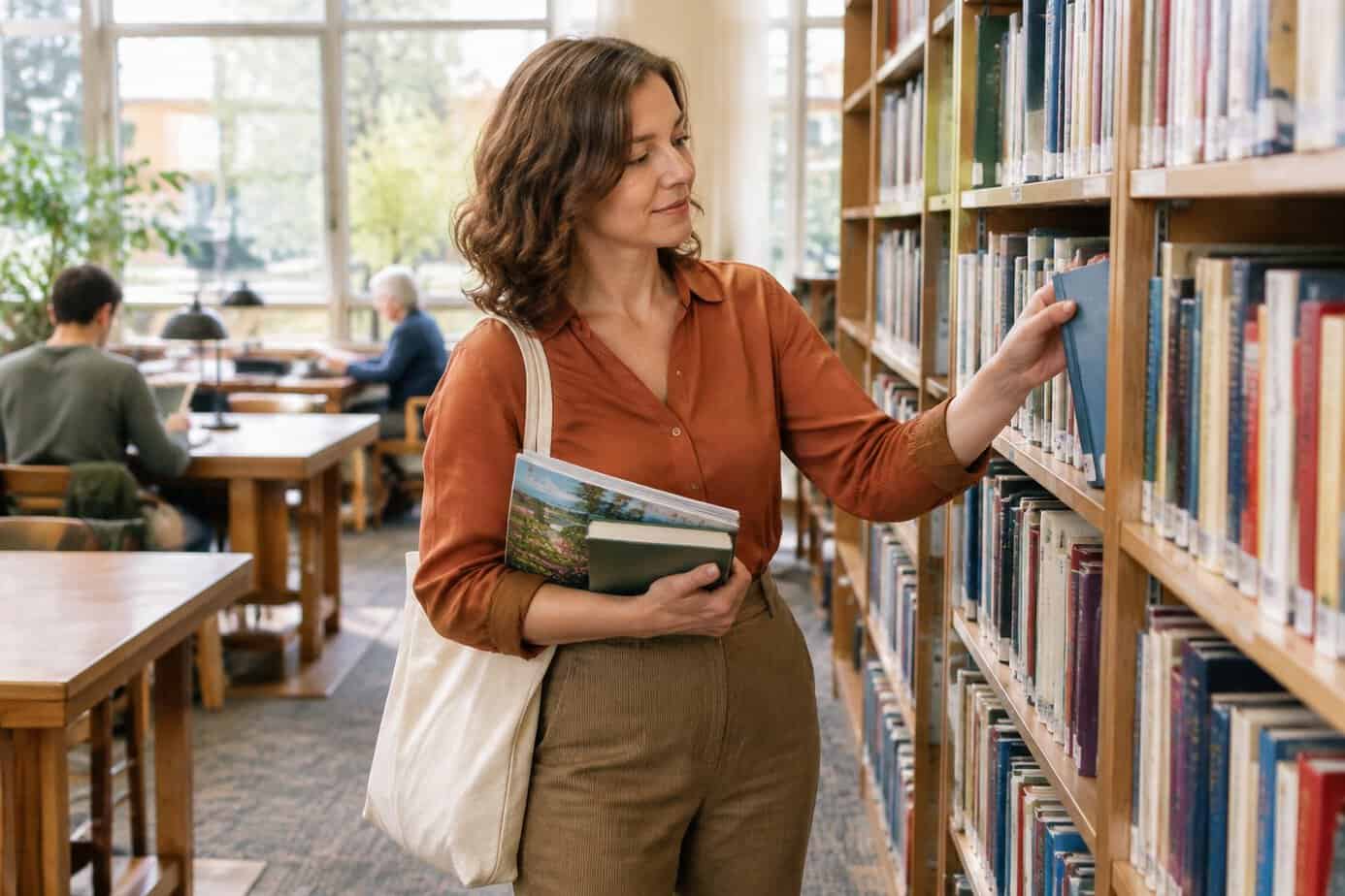 Woman borrowing books at the public library