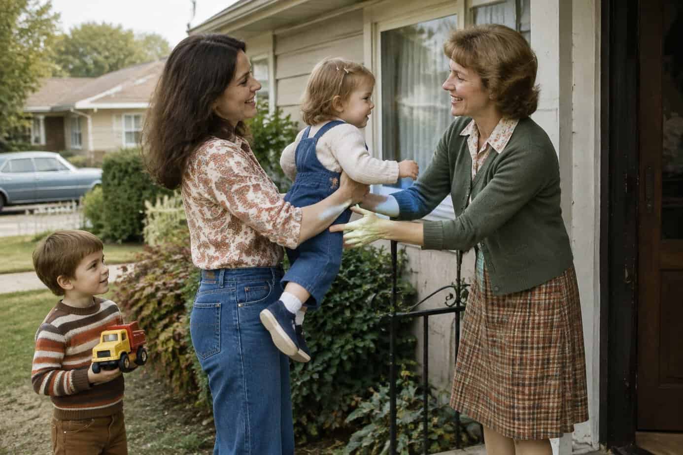Two mothers trading babysitting on the front walk