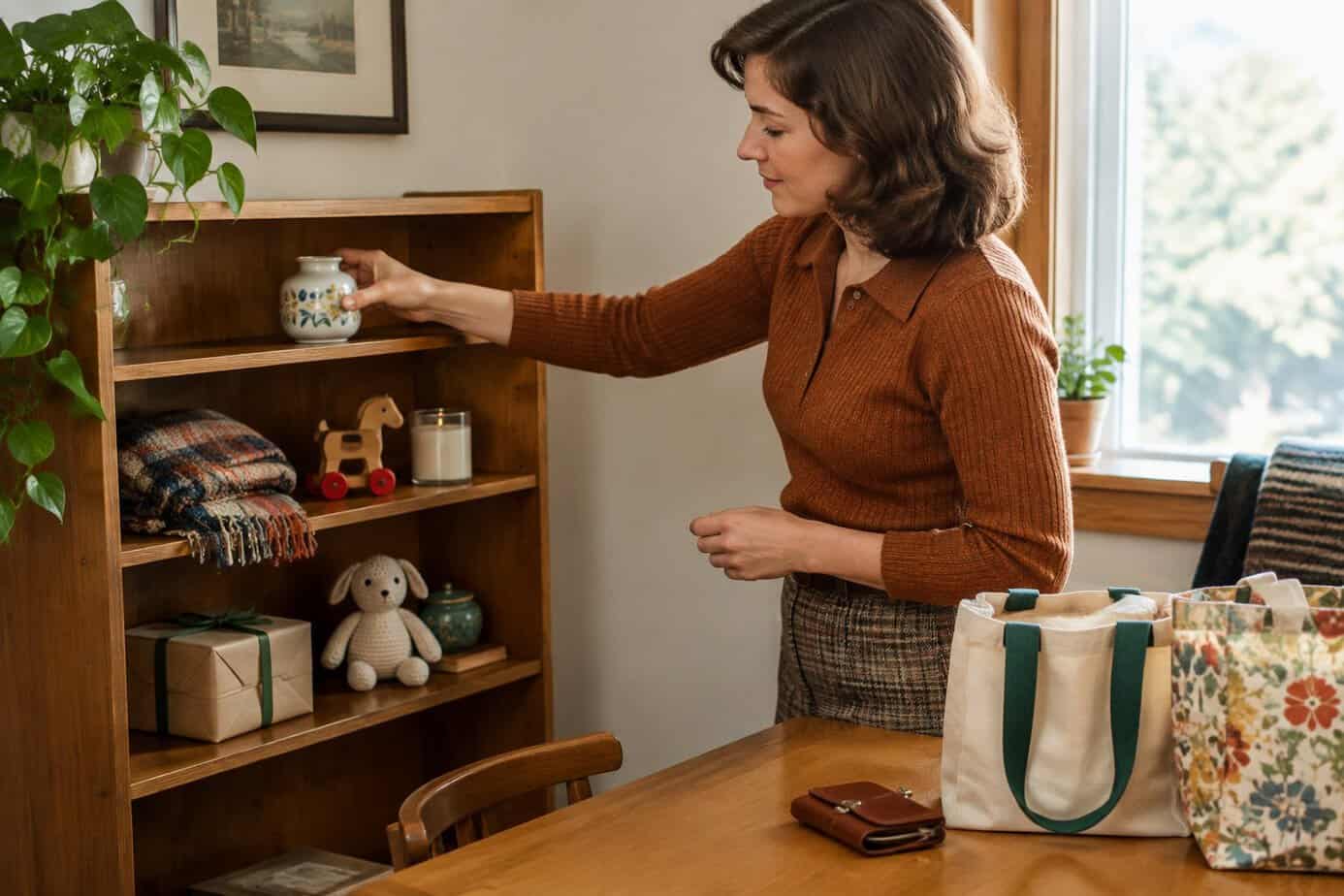 Woman putting a wrapped gift on her gift shelf