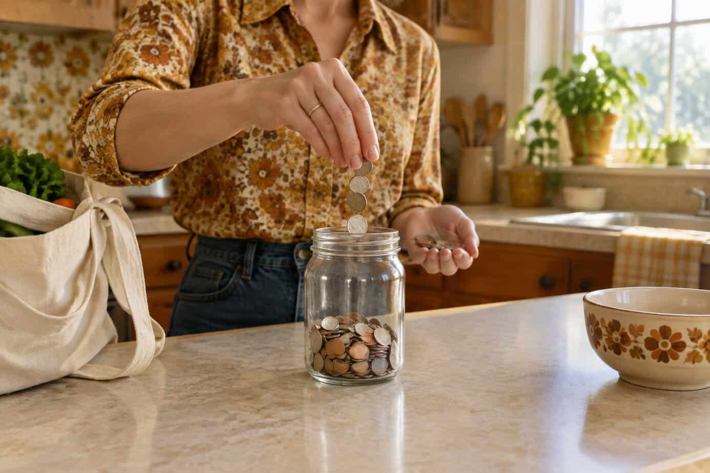 Woman dropping loose change into a glass jar
