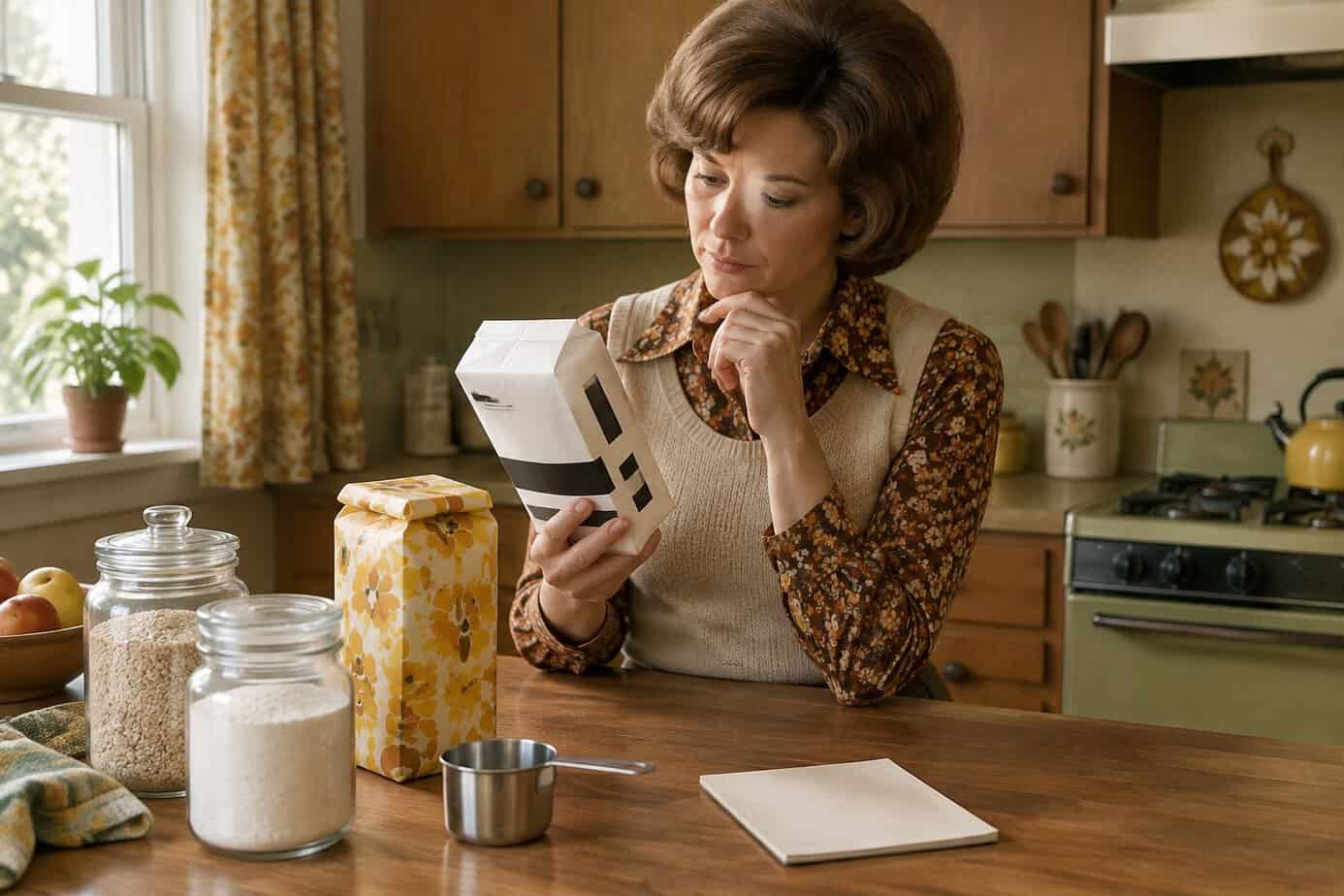 1970s woman with plain grocery packages on the kitchen counter