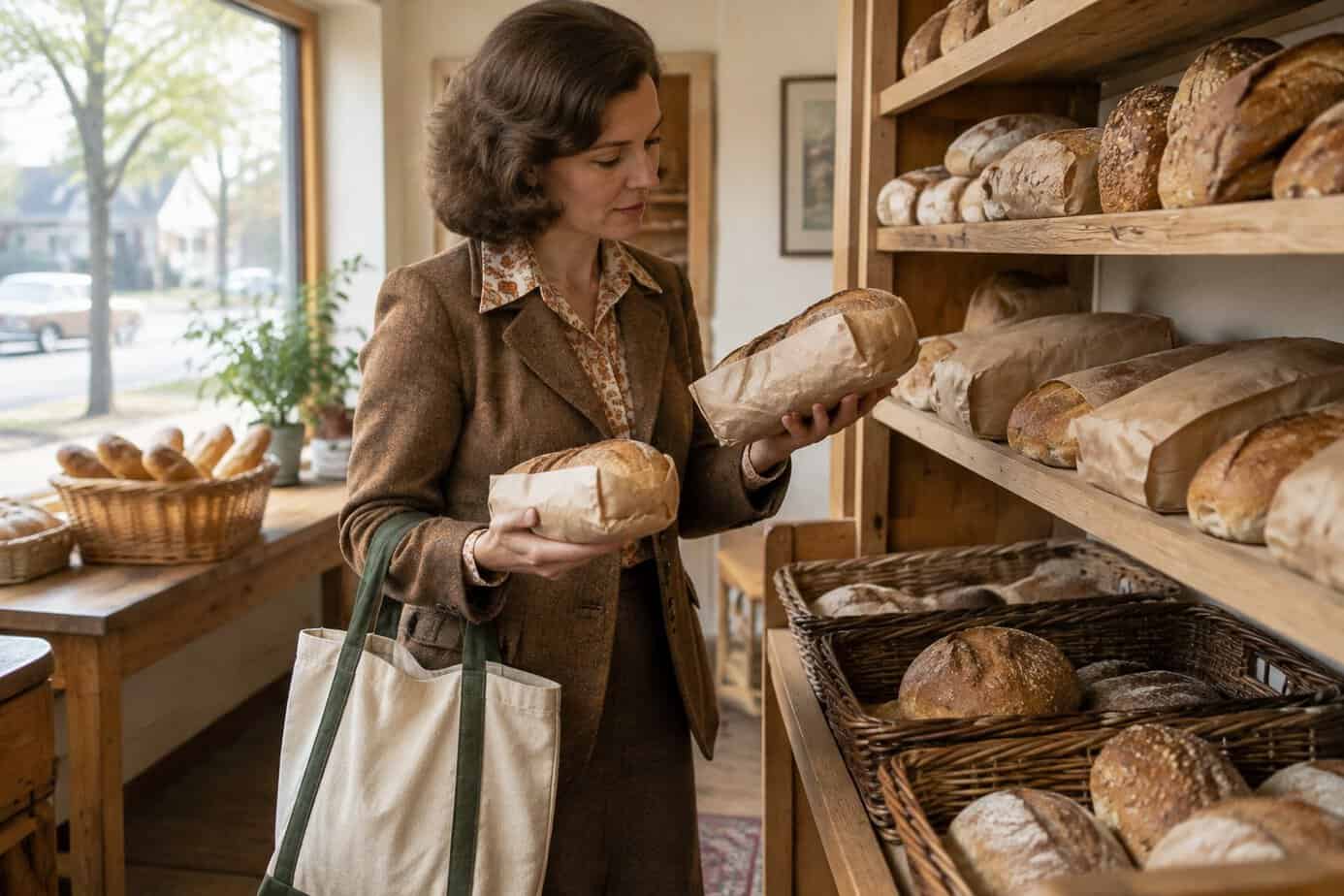 Woman choosing loaves at a day-old bread store