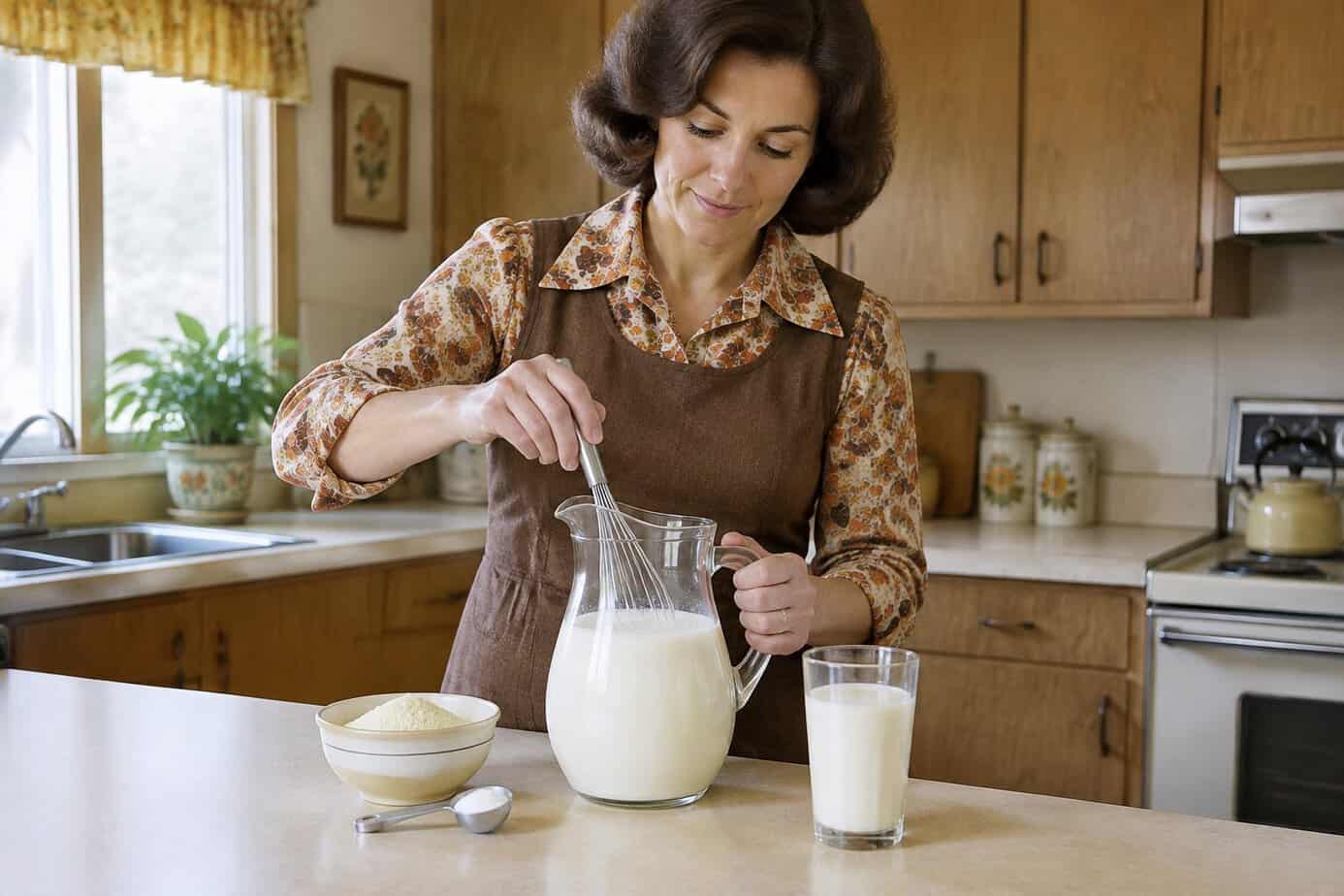 Housewife mixing powdered milk in a glass pitcher