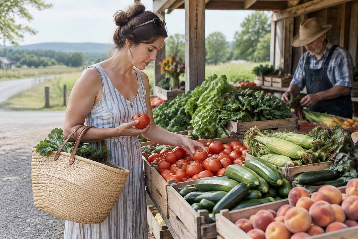 Woman with a basket at a farm stand full of fresh vegetables