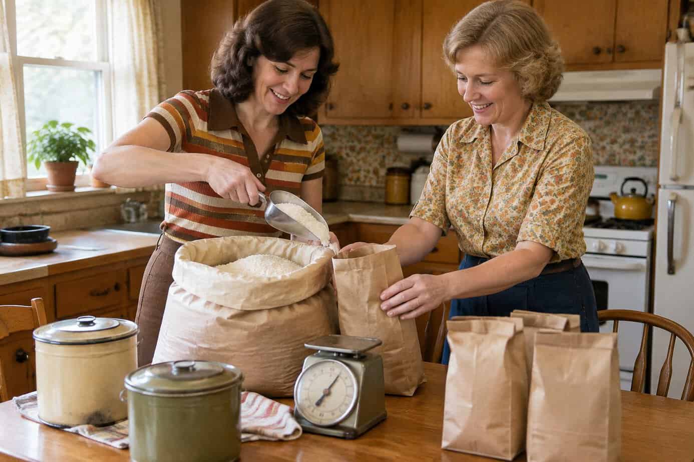 Two neighbors dividing a big sack of flour in a 1970s kitchen