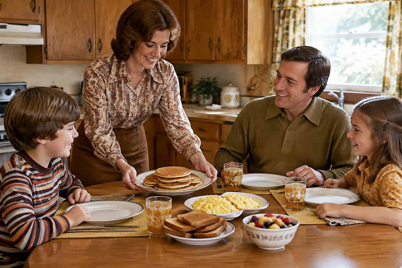 1970s family eating pancakes and eggs for supper