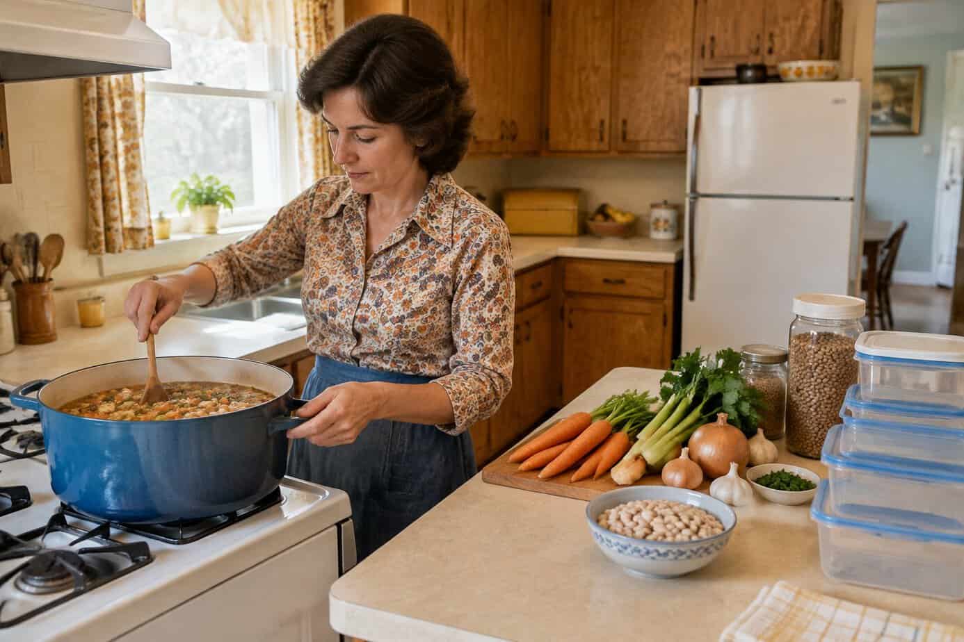 Housewife stirring a big pot of soup on the stove