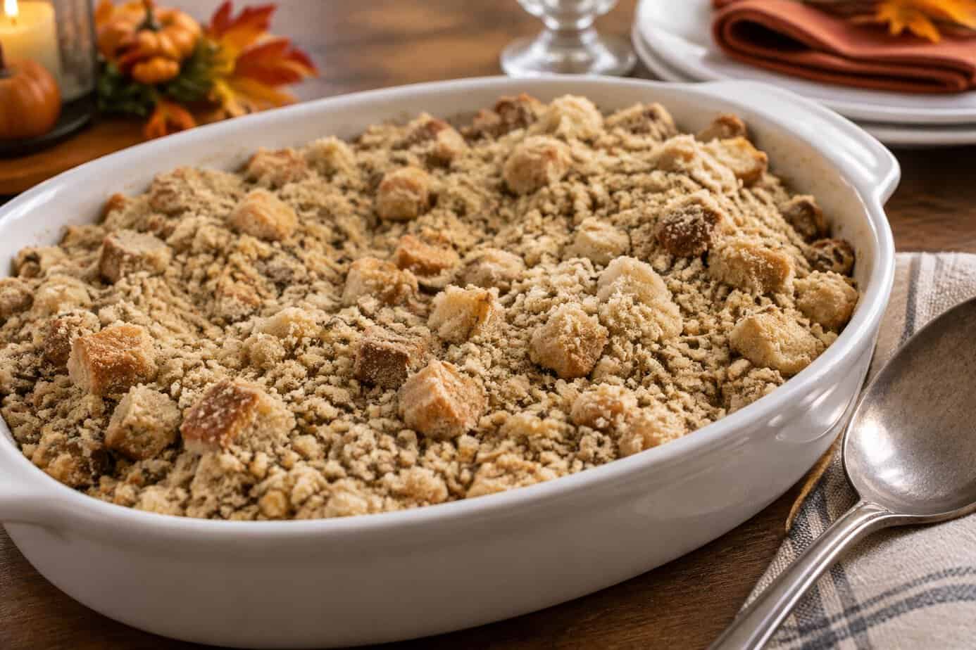 A baking dish of dry baked stuffing