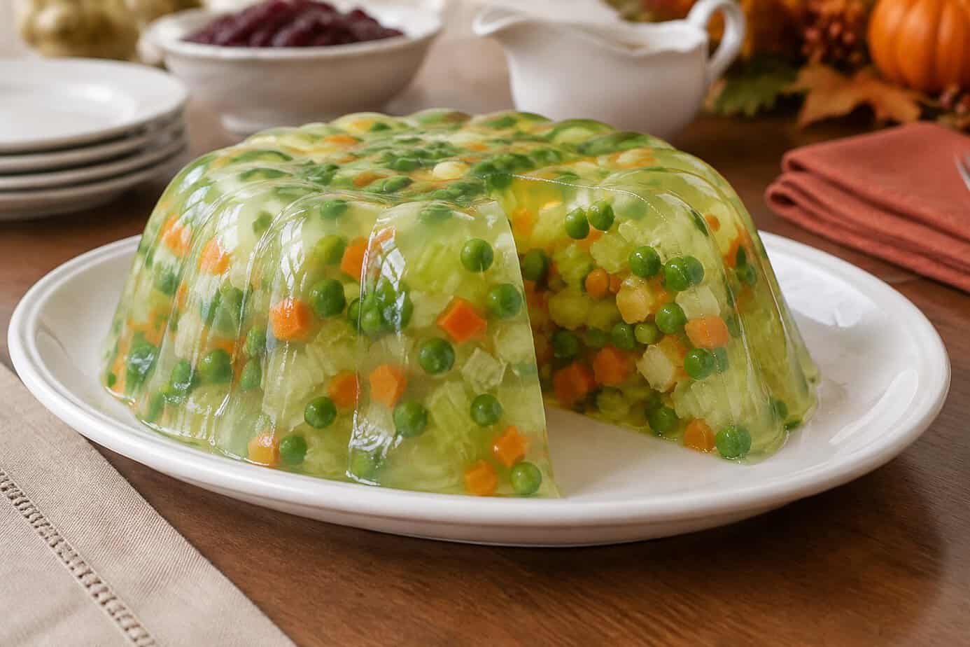 A green gelatin salad with vegetables set inside