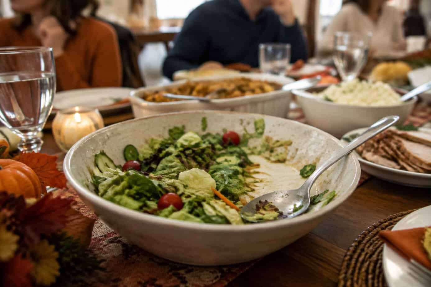 A green salad on a Thanksgiving table