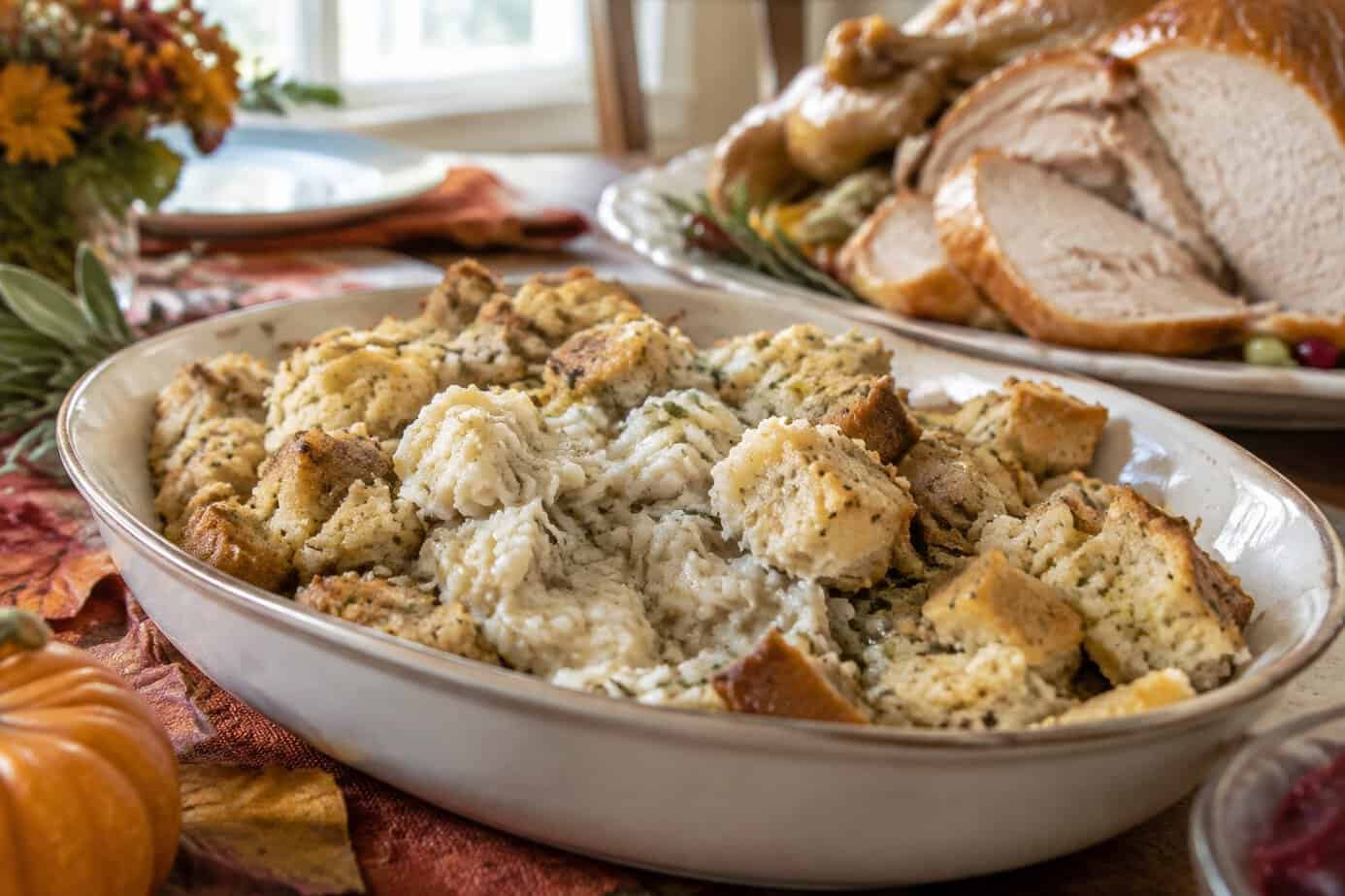 Stuffing spooned out of a roasted turkey