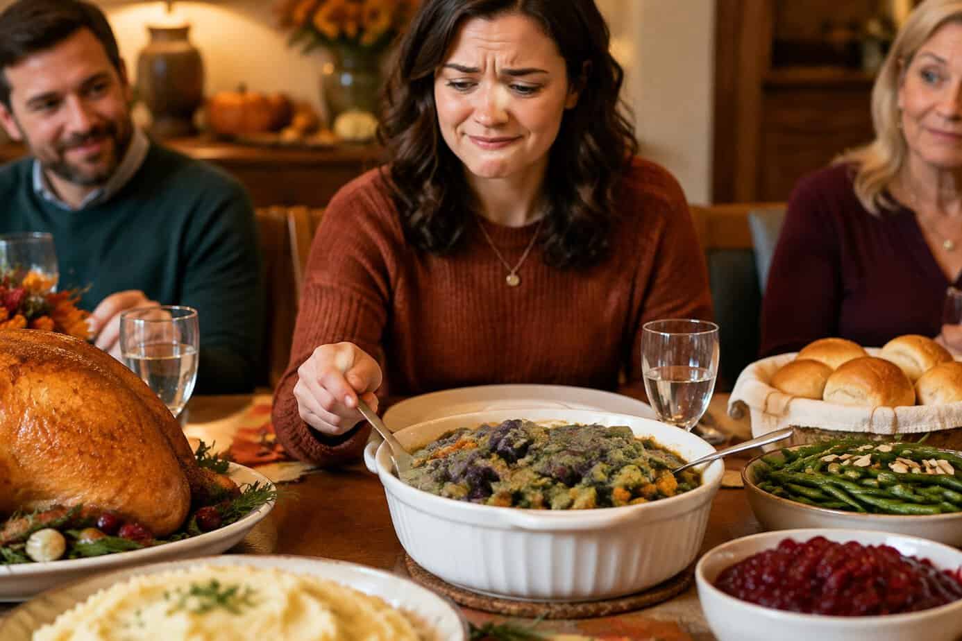 A woman serving a new side dish at Thanksgiving
