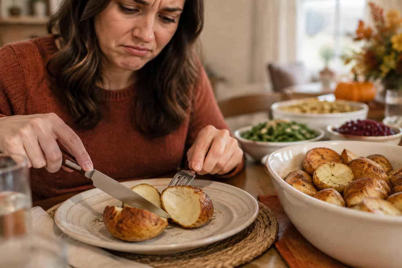 A woman cutting into a hard roasted potato