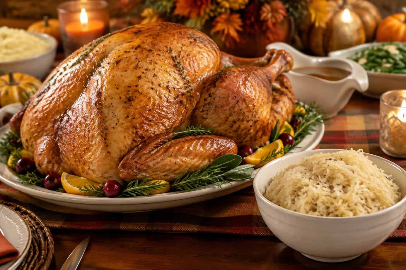 Sauerkraut served beside a roast turkey