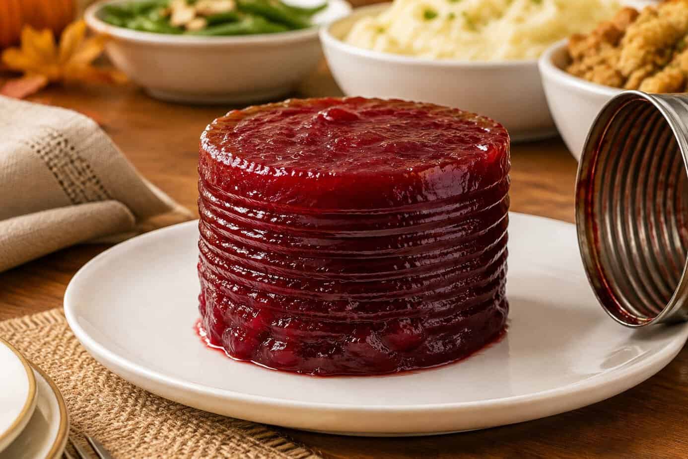 Jellied cranberry sauce with can ridges on a plate