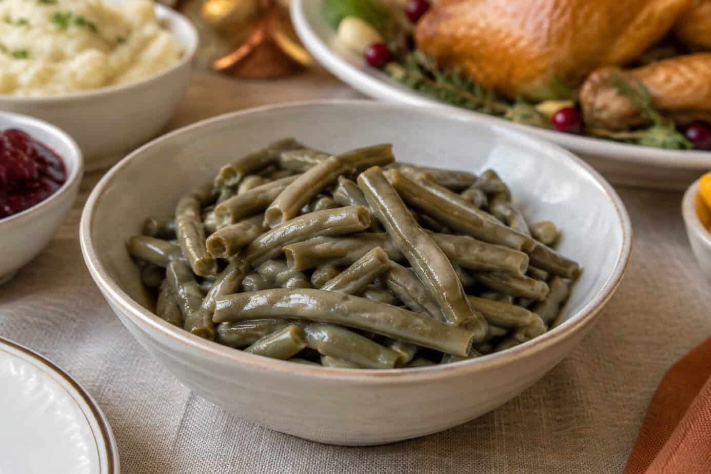 A bowl of gray, overcooked green beans