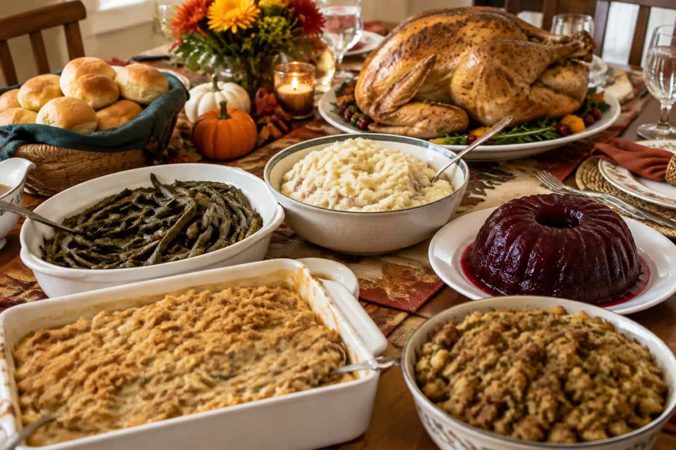 A Thanksgiving table with turkey, green beans, mashed potatoes, stuffing and cranberry sauce