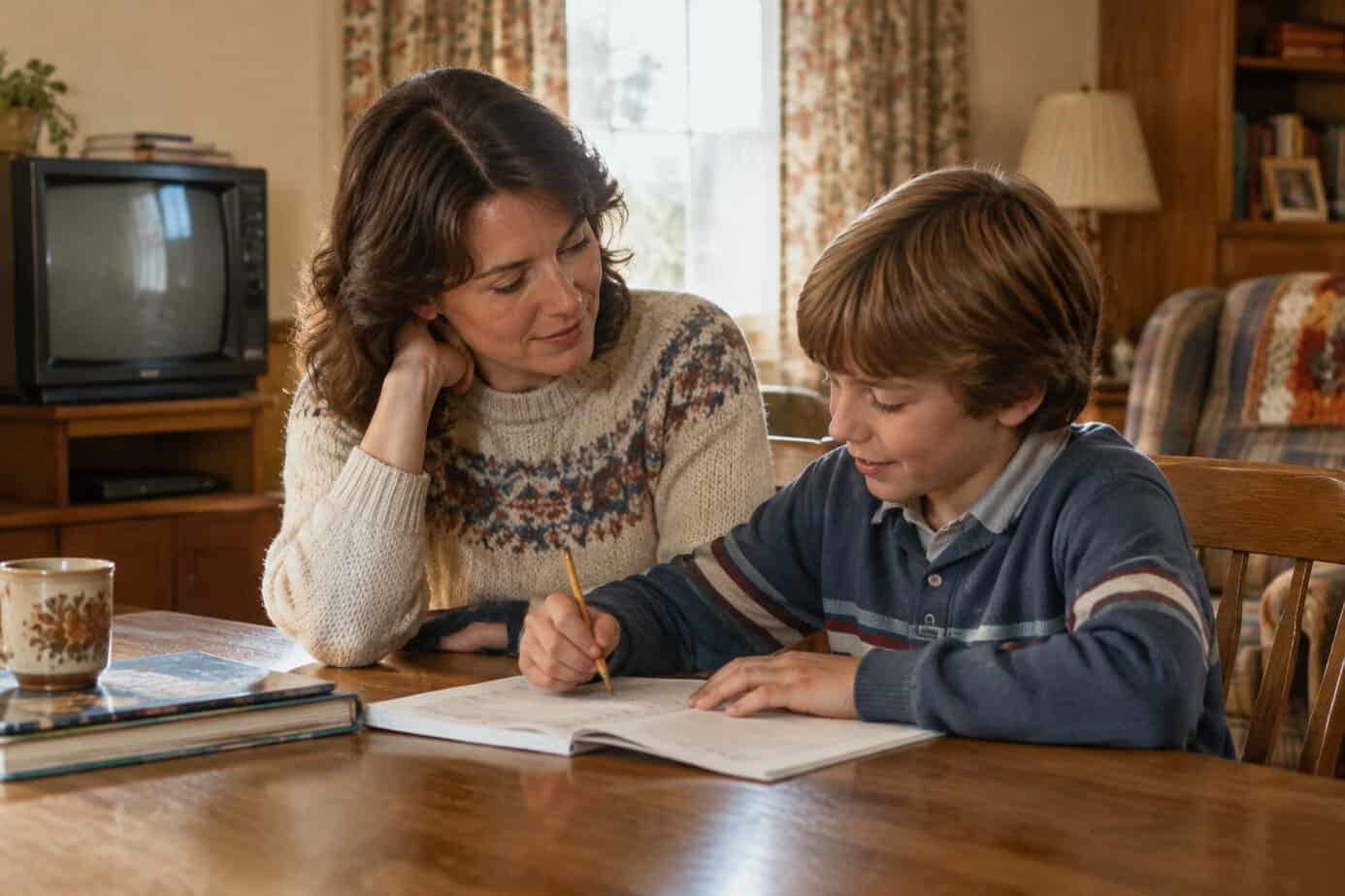 A parent and child talk together at a table in a living room.