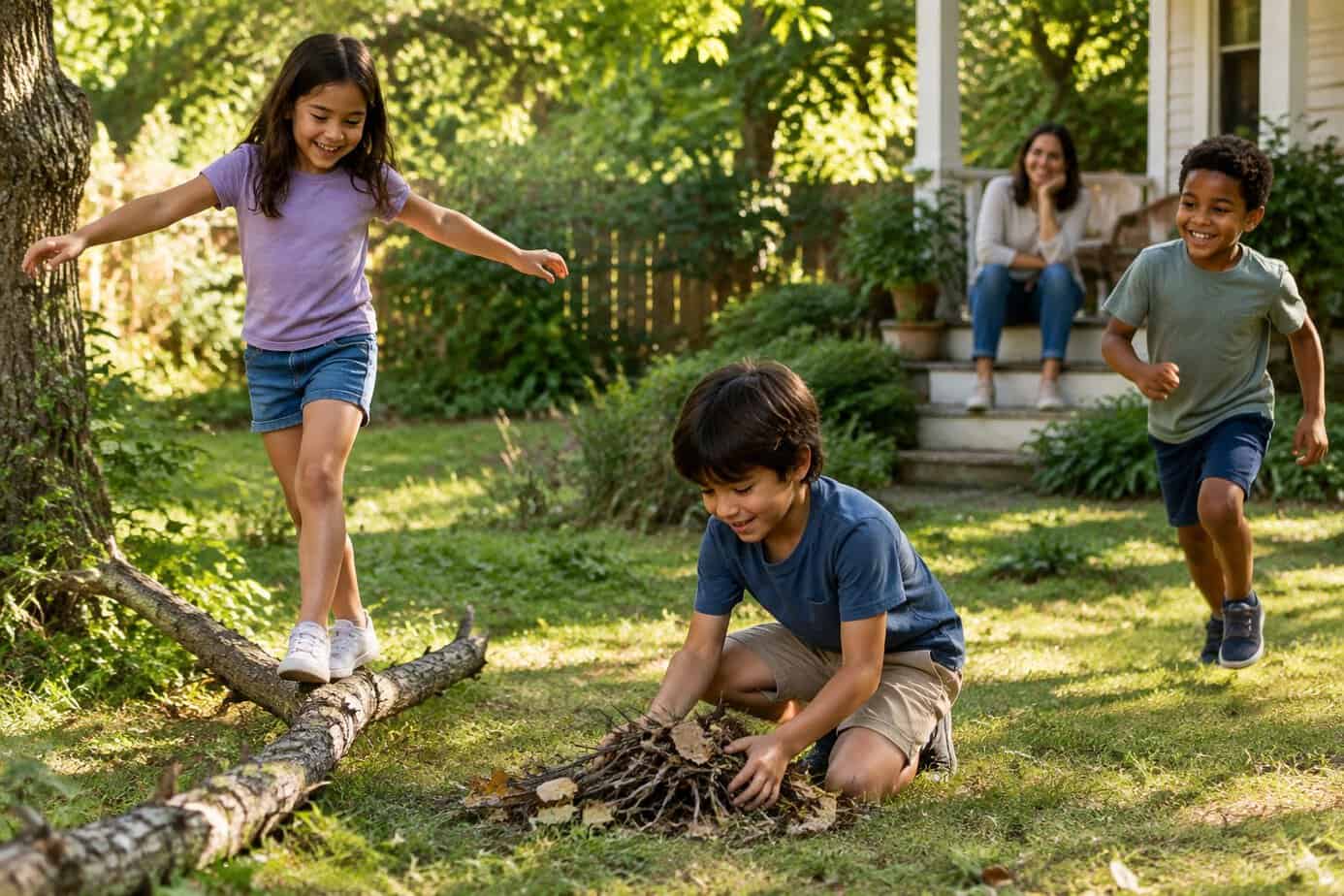 Children make up a game in a backyard while a parent watches nearby.