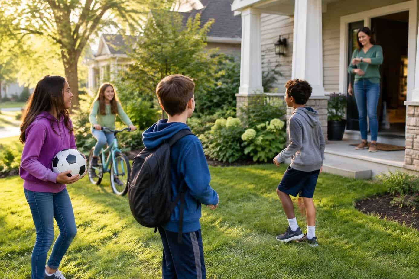 A parent checks the time while children play together in a neighborhood yard.