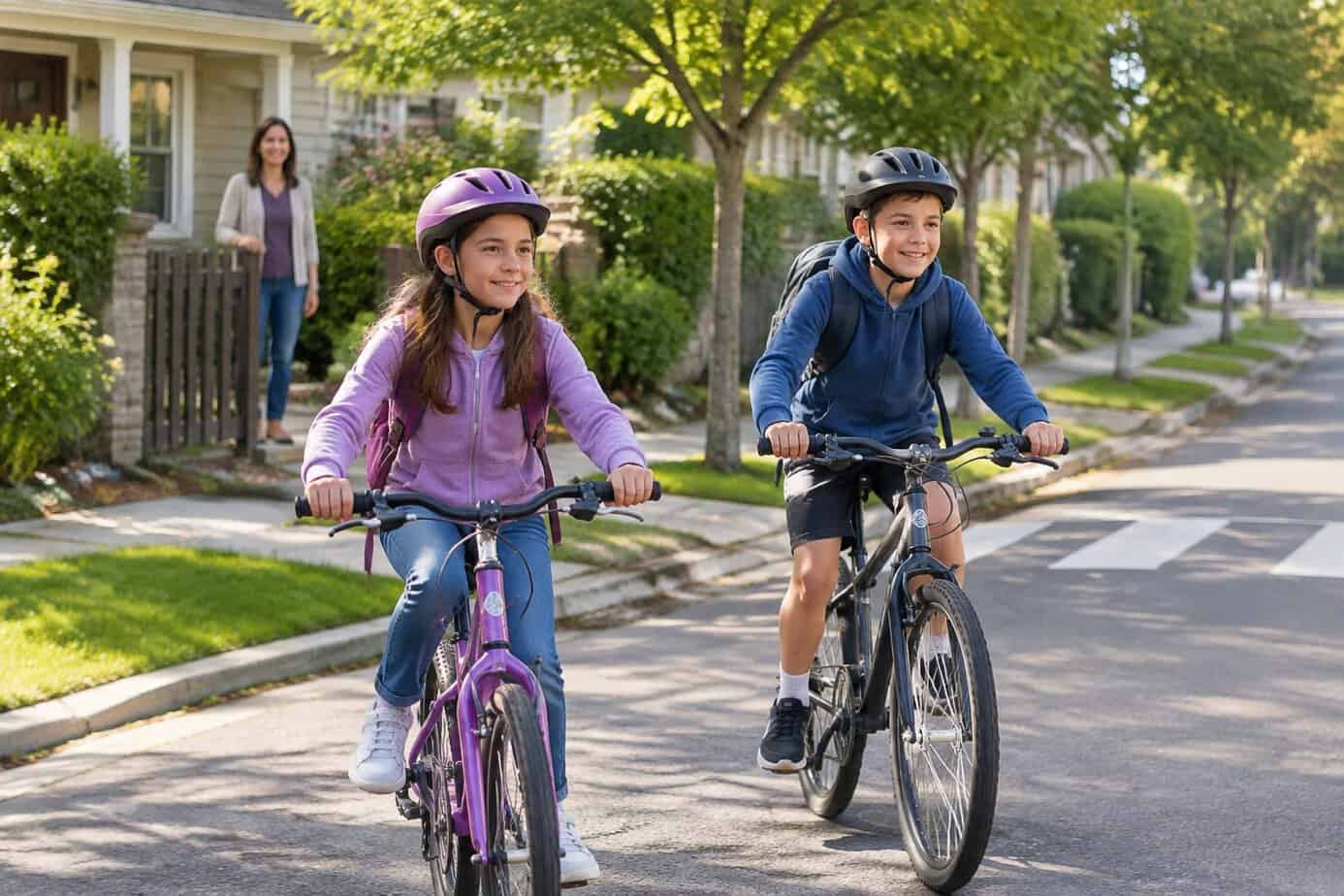 Two children ride bicycles along a neighborhood street while a parent watches from nearby.