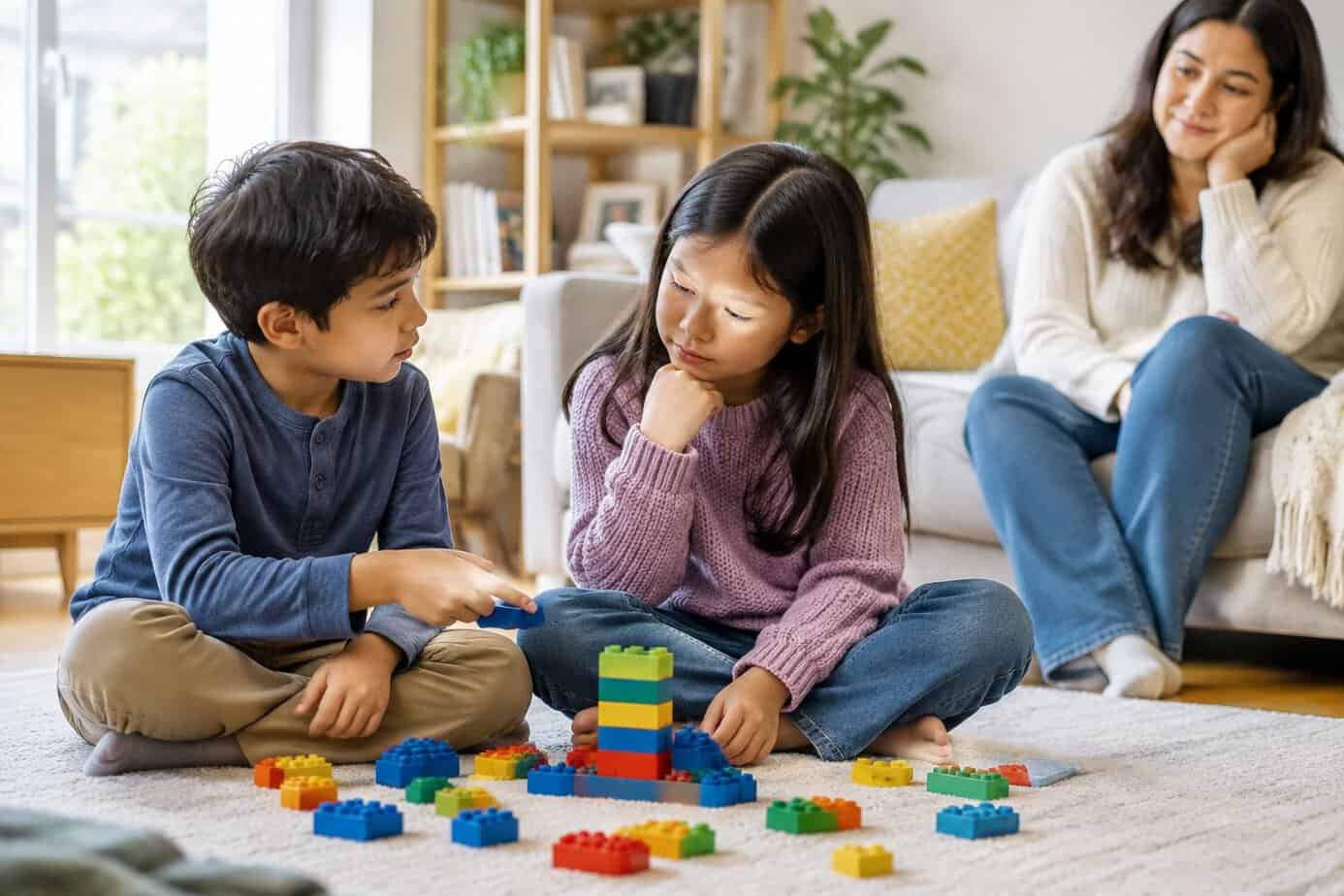 Two siblings work through a disagreement over building blocks while their parent watches nearby.