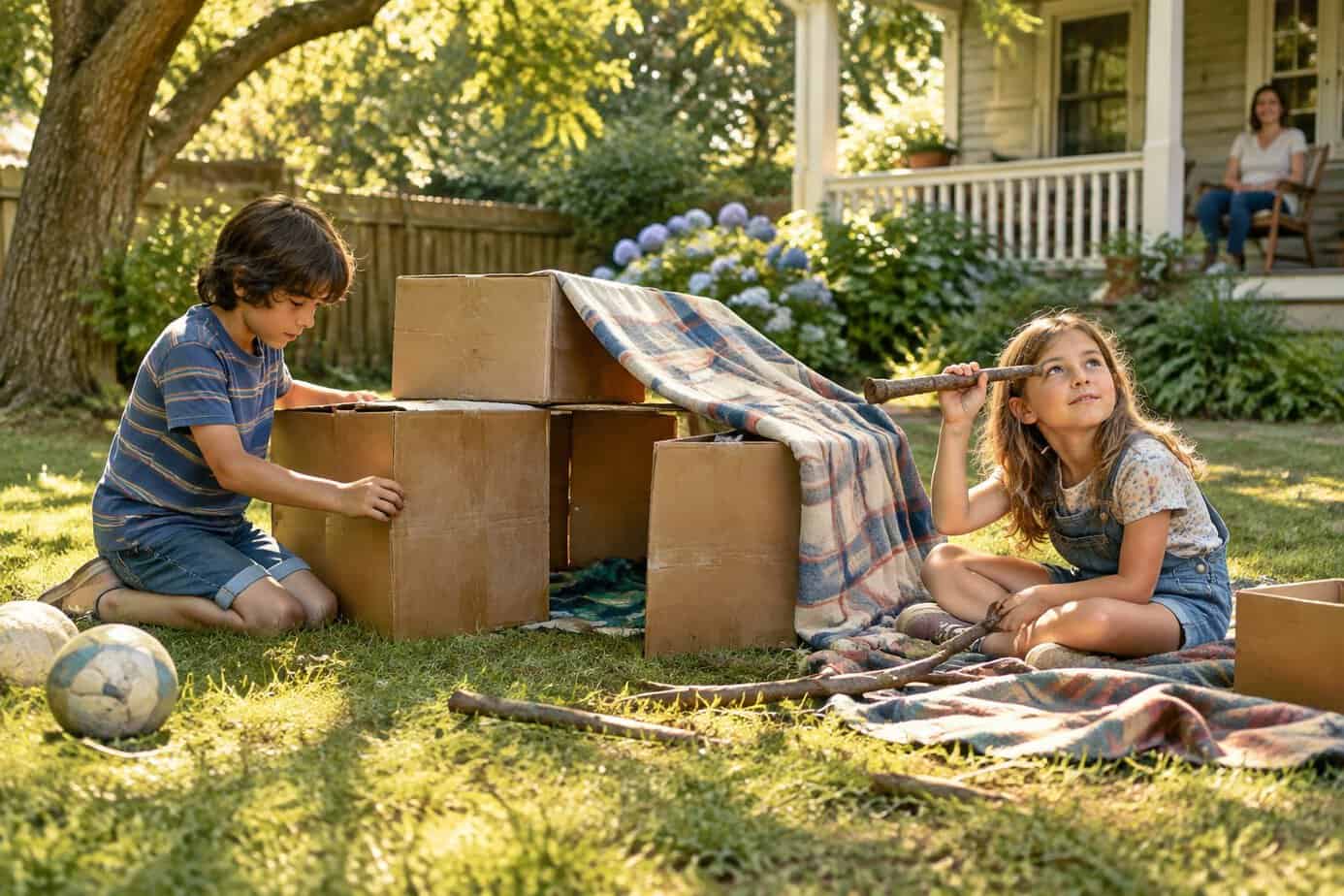 Two children make up a game with cardboard boxes and sticks in a backyard while a parent watches from a distance.