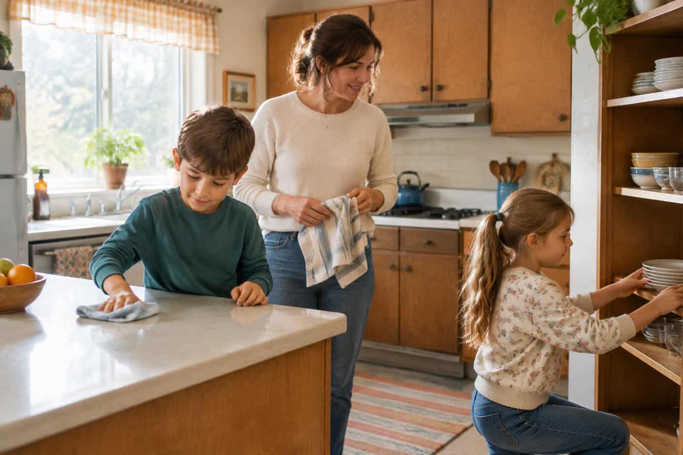 A parent and two children tidy the kitchen together.