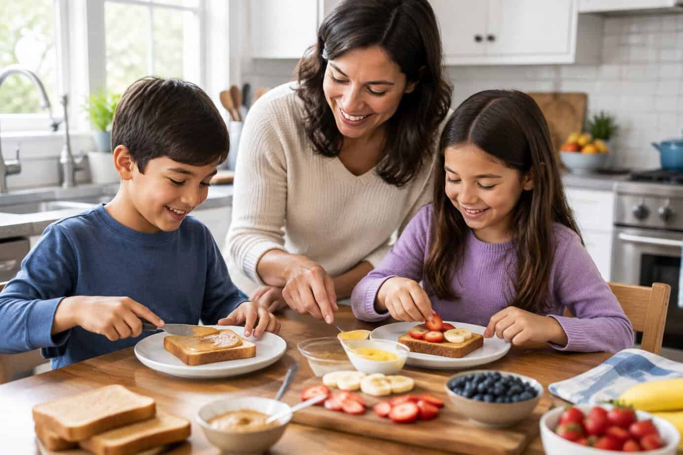 A parent guides two children as they prepare fruit and bread in the kitchen.