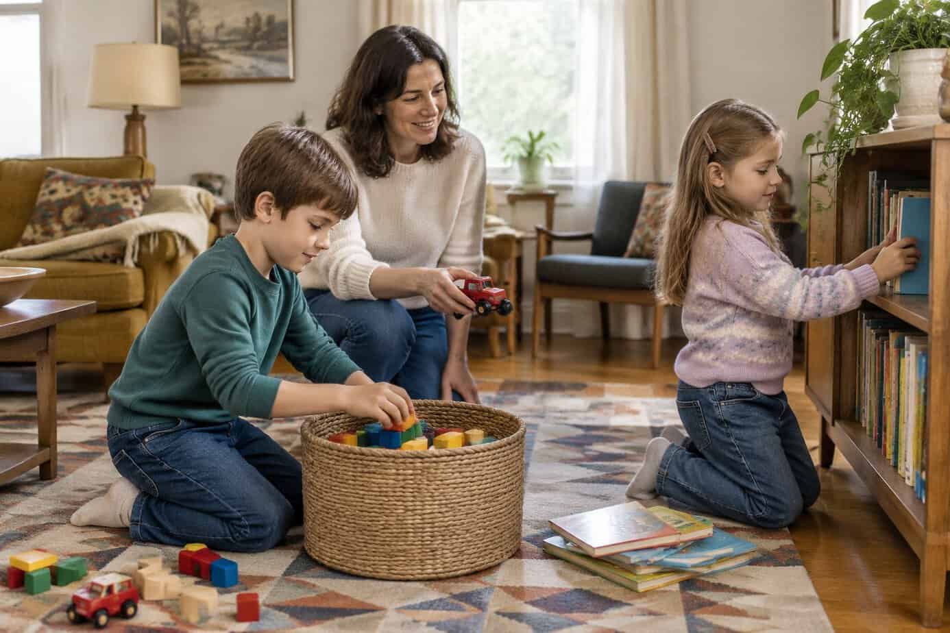 Two children put away toys and books in the living room while a parent encourages them.