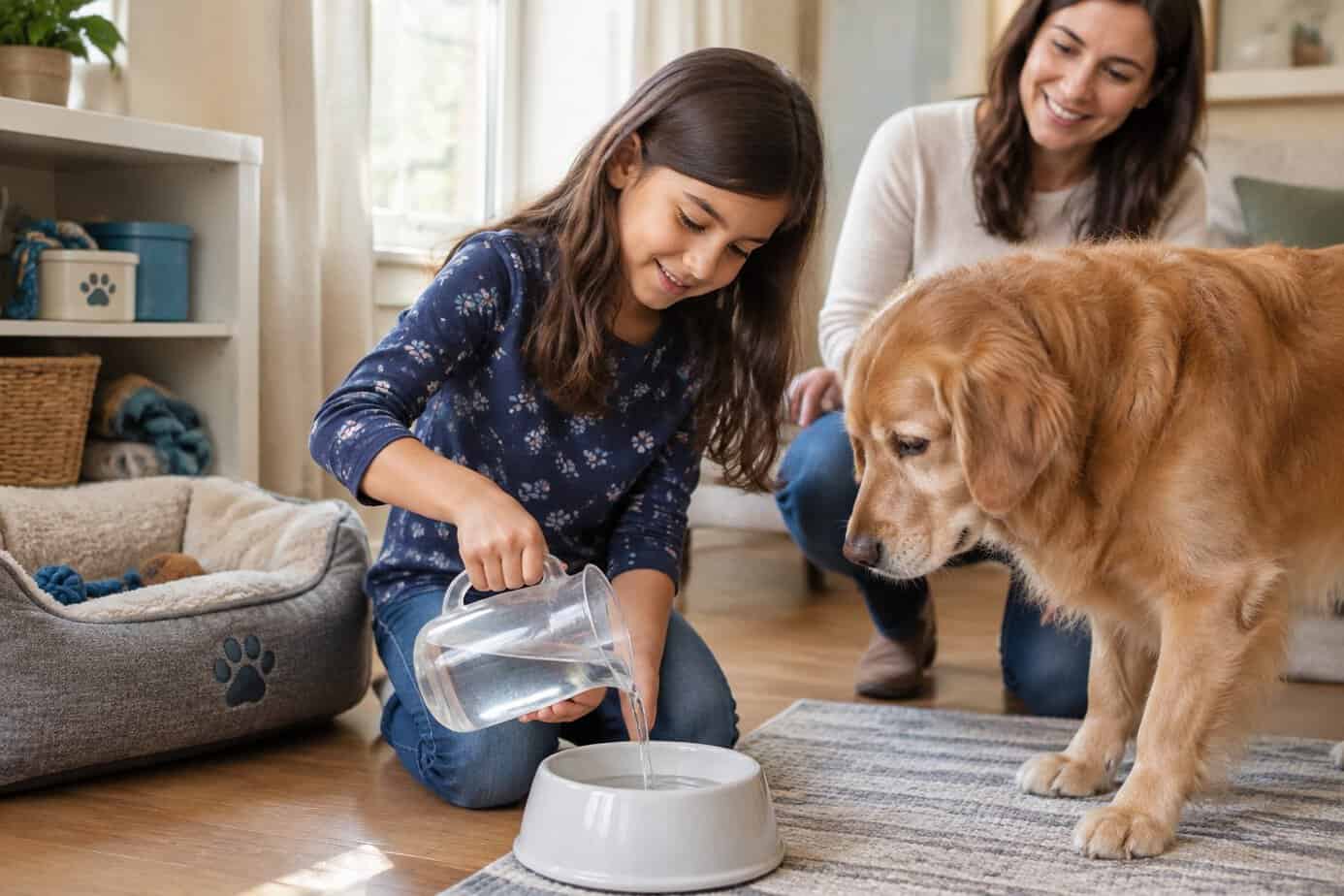 A child fills a water bowl for the family dog while a parent watches nearby.
