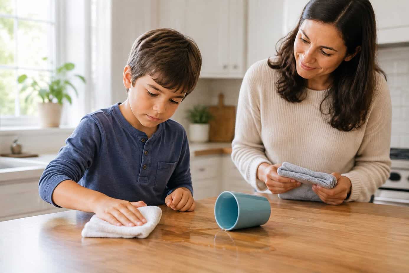 A child wipes up spilled water while a parent watches supportively.
