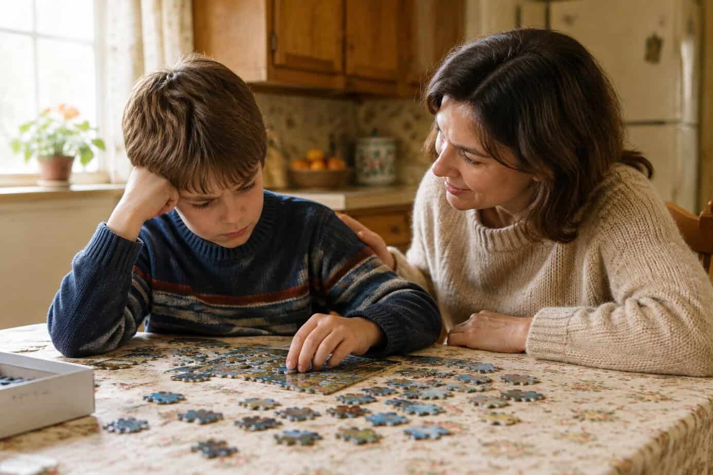 A parent encourages a child working on a puzzle at the kitchen table.