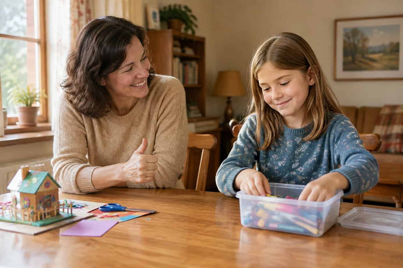 A parent smiles encouragingly as a child finishes cleaning up a craft project at the kitchen table.