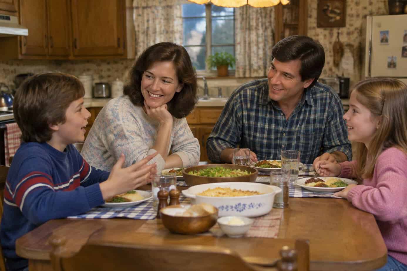 A family shares dinner and conversation around a kitchen table.