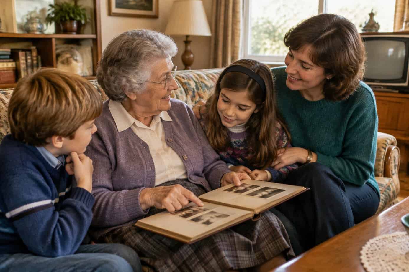 A grandparent shares a family story with a parent and two children gathered around a photo album.