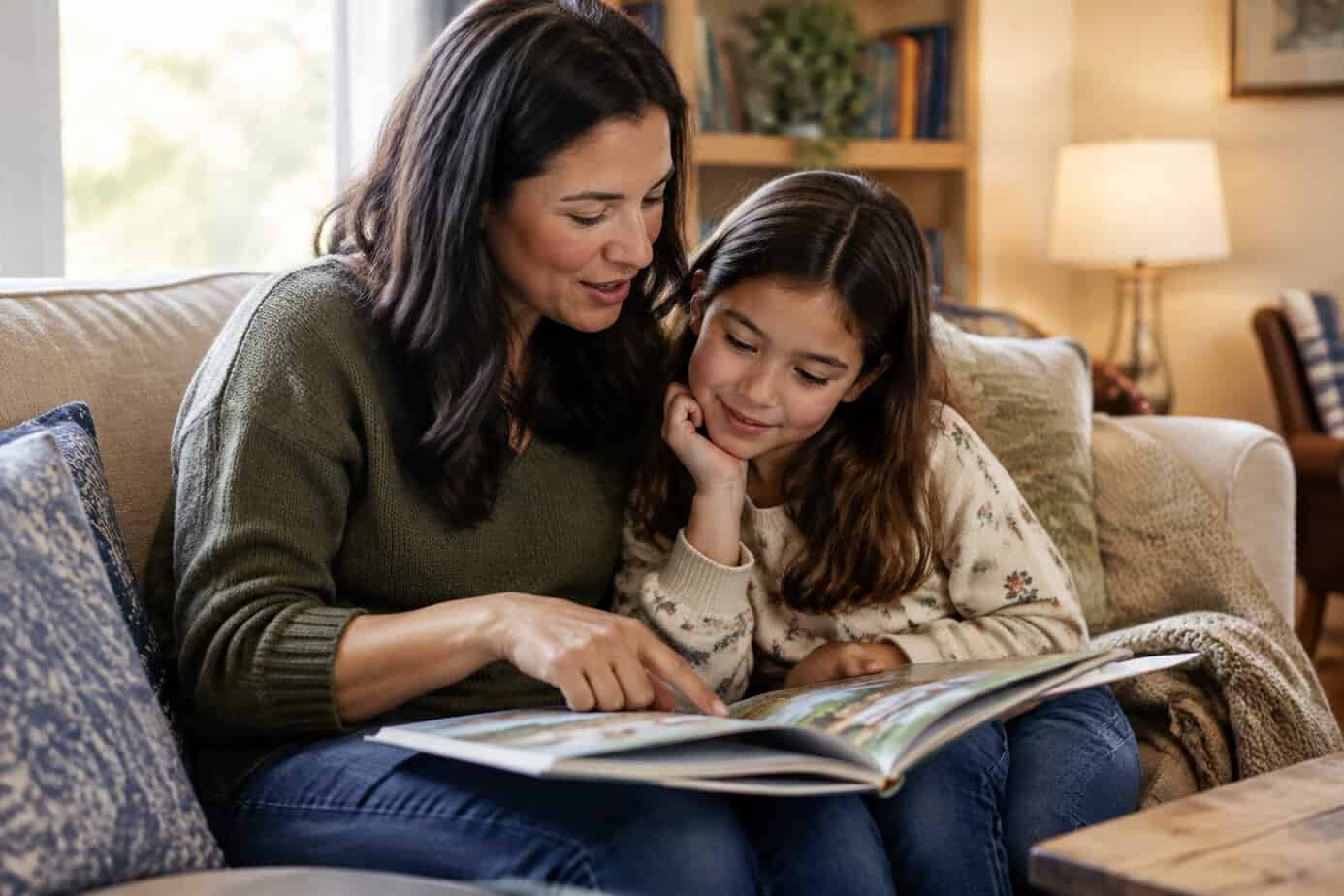 A parent reads an illustrated book aloud with their school-age child on a sofa.