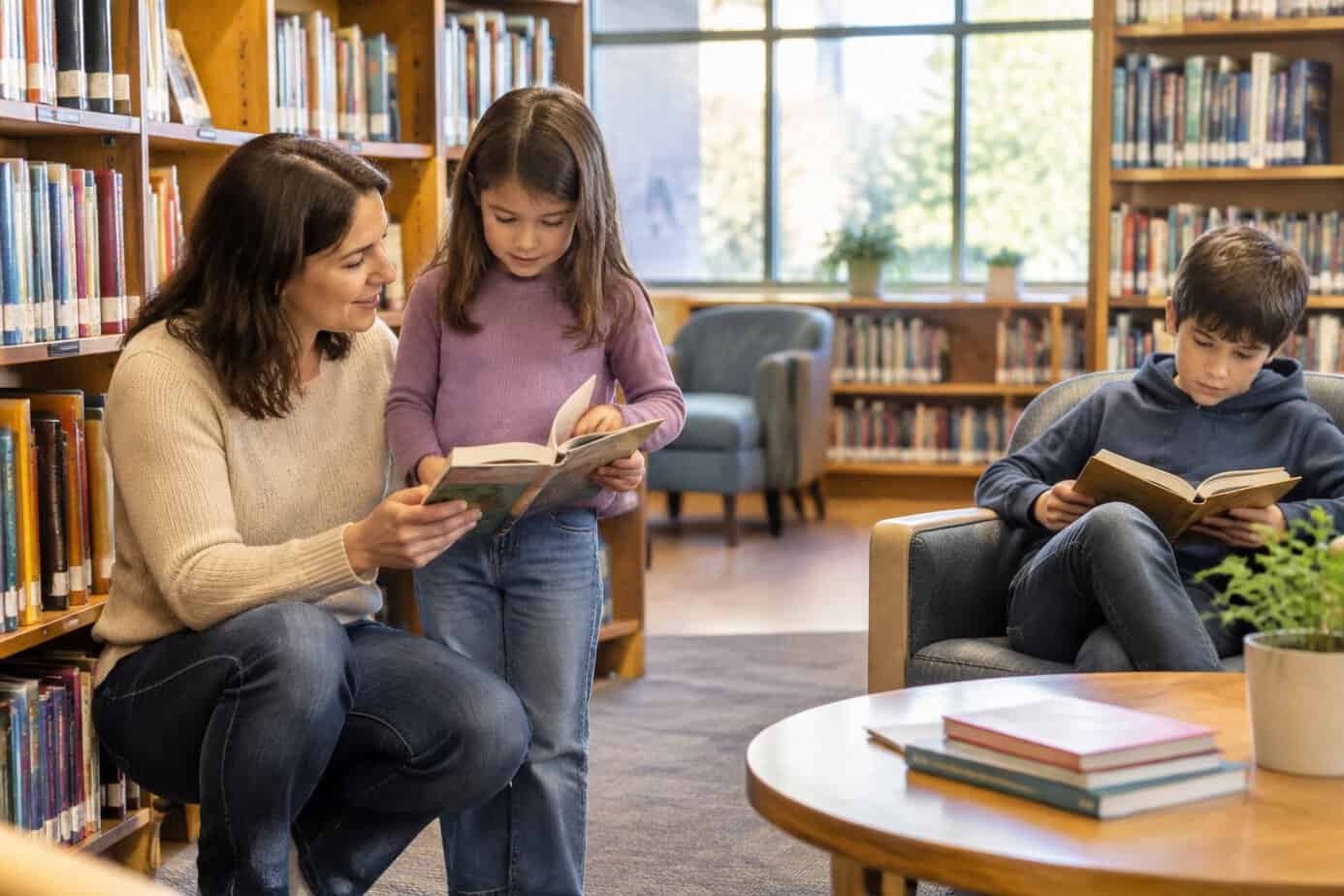 A parent and two children browse and read books together in a library.