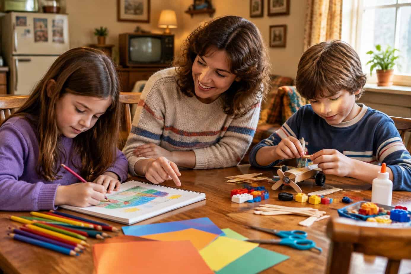 A parent encourages two children as they draw and build a craft together at a table.