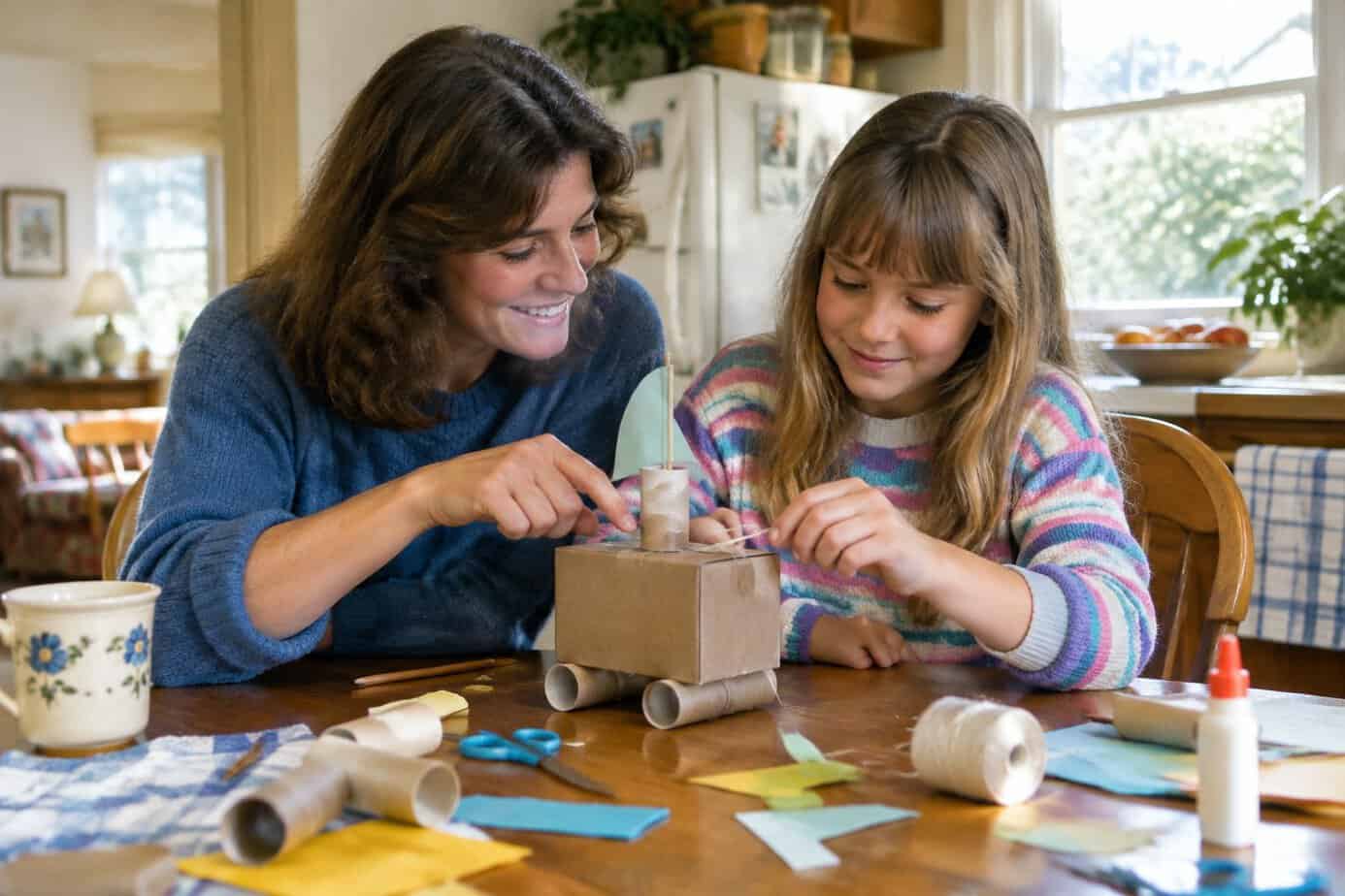 A parent and child make a craft together using cardboard and other household materials.