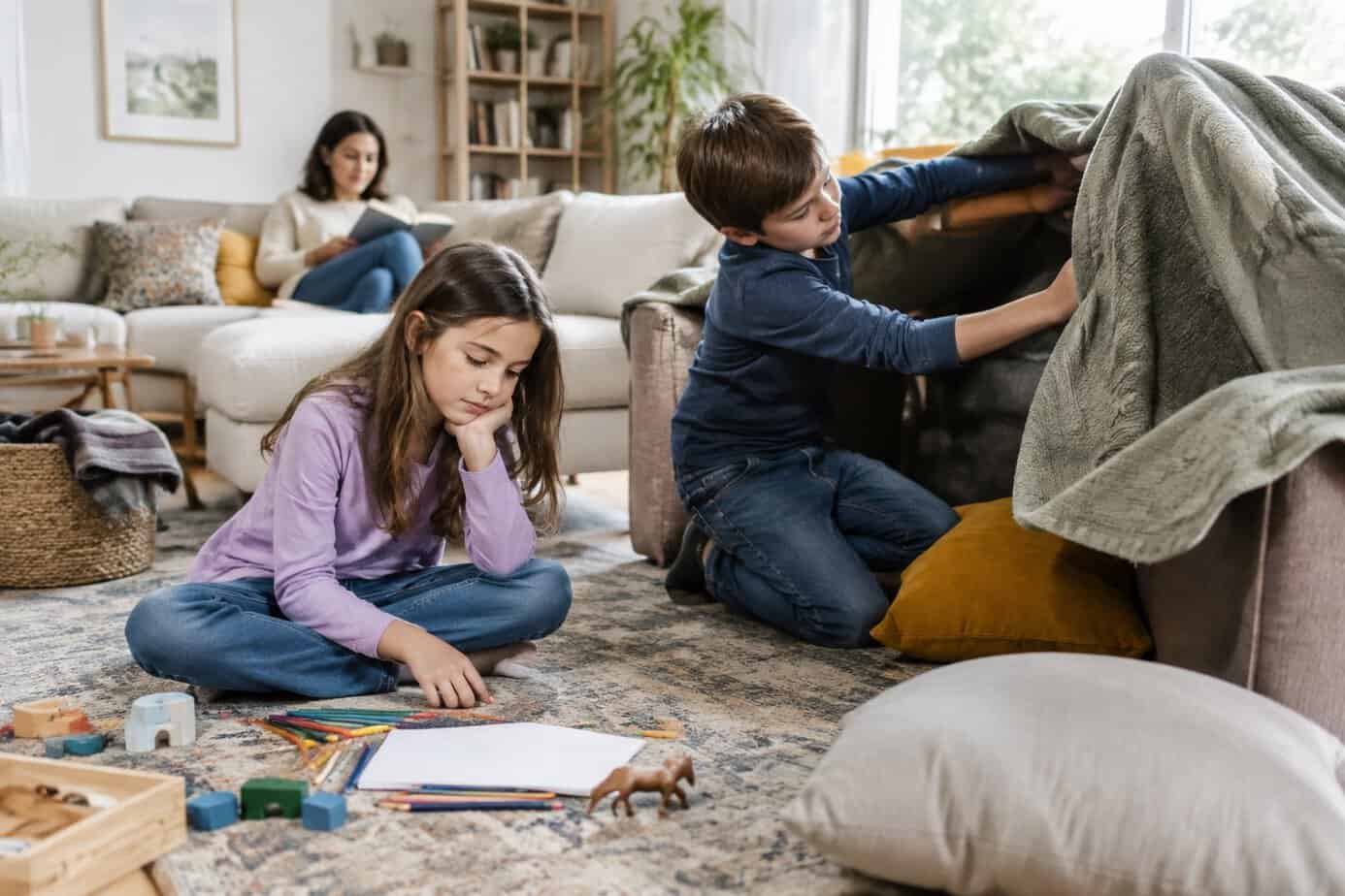 Two children choose their own activities at home while a parent reads nearby.