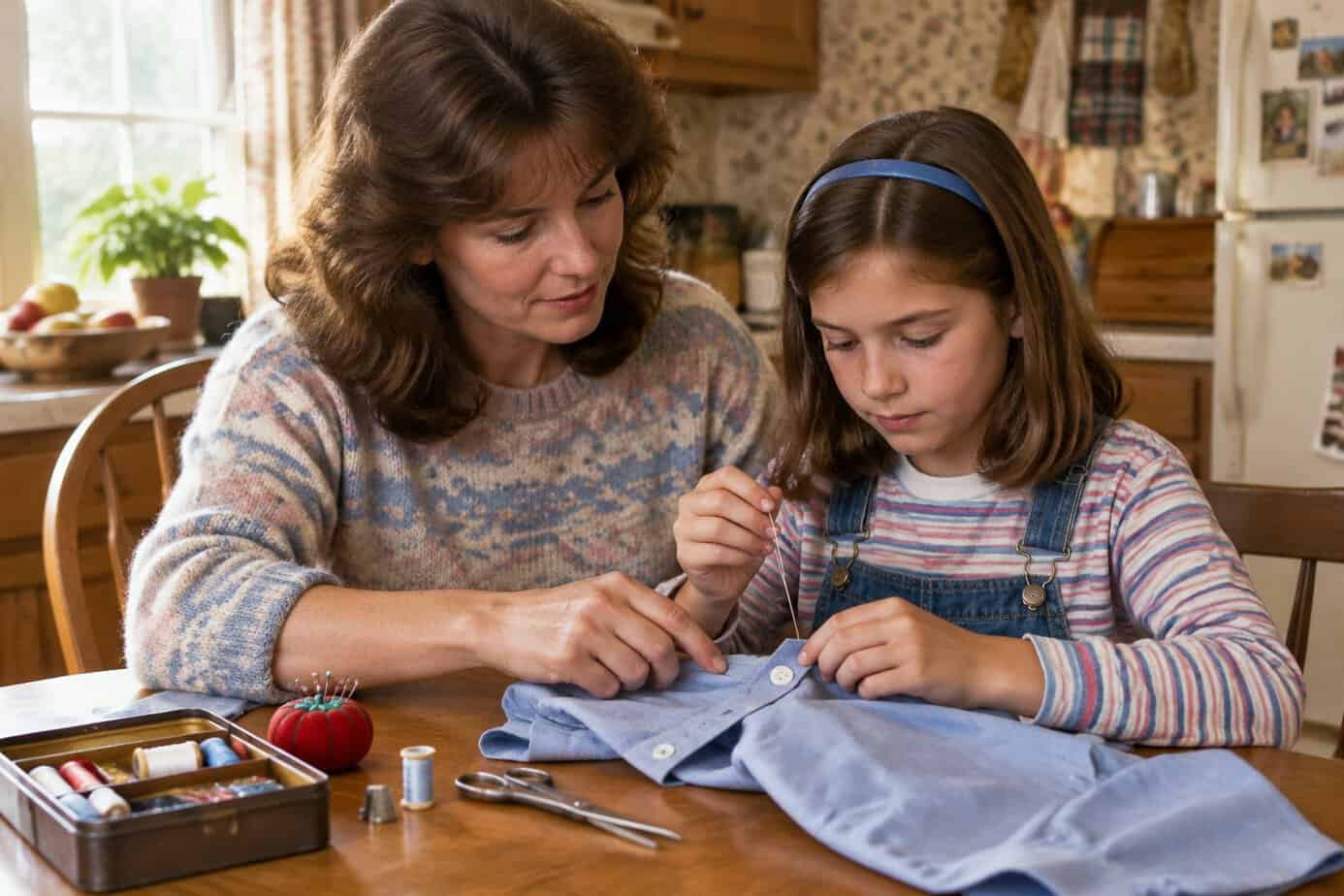 A parent helps a child sew a button onto a shirt at a kitchen table.