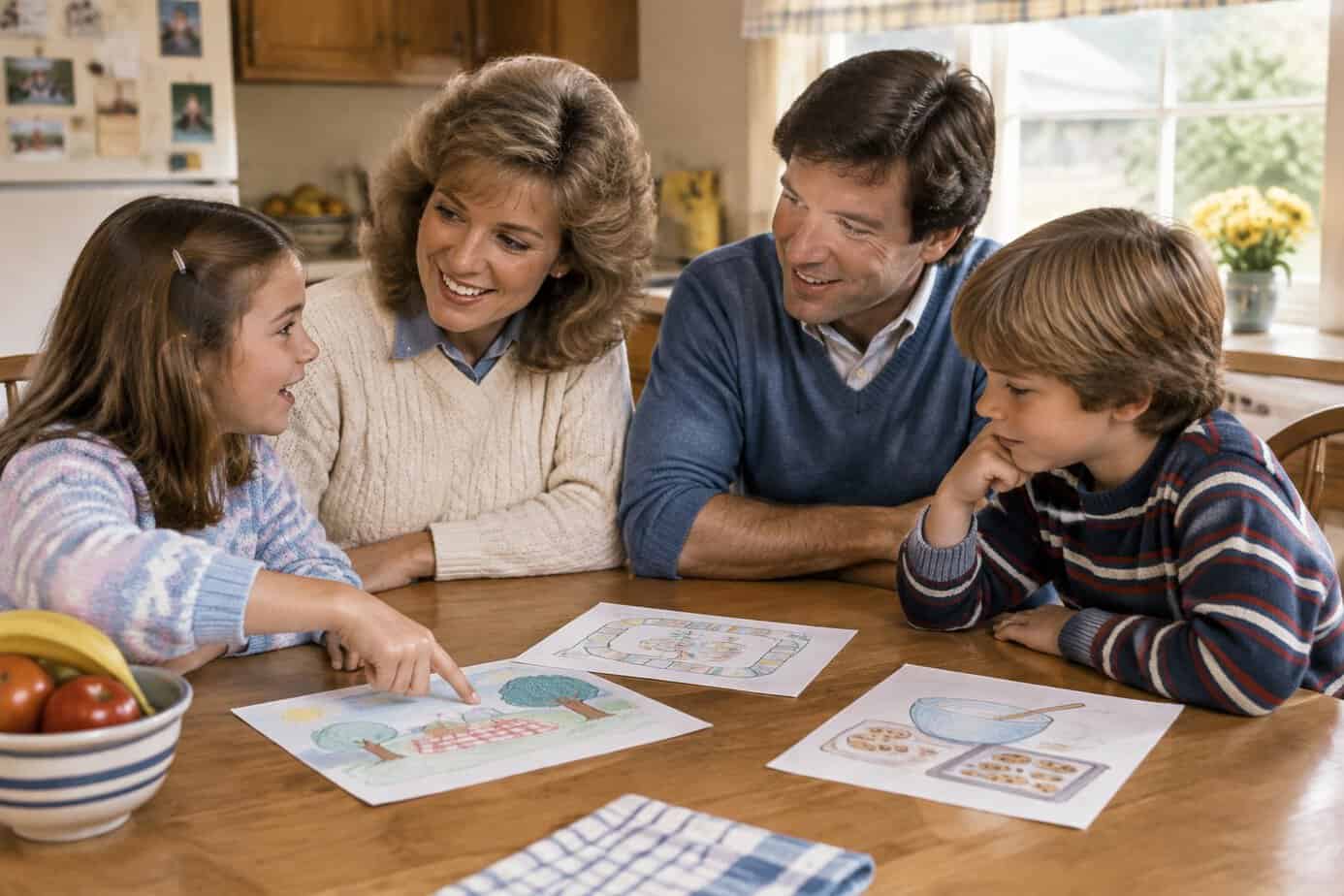 Parents and children sit together at a kitchen table planning a family activity.