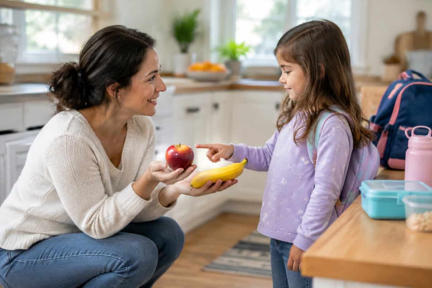 A parent lets a child choose a piece of fruit for lunch.